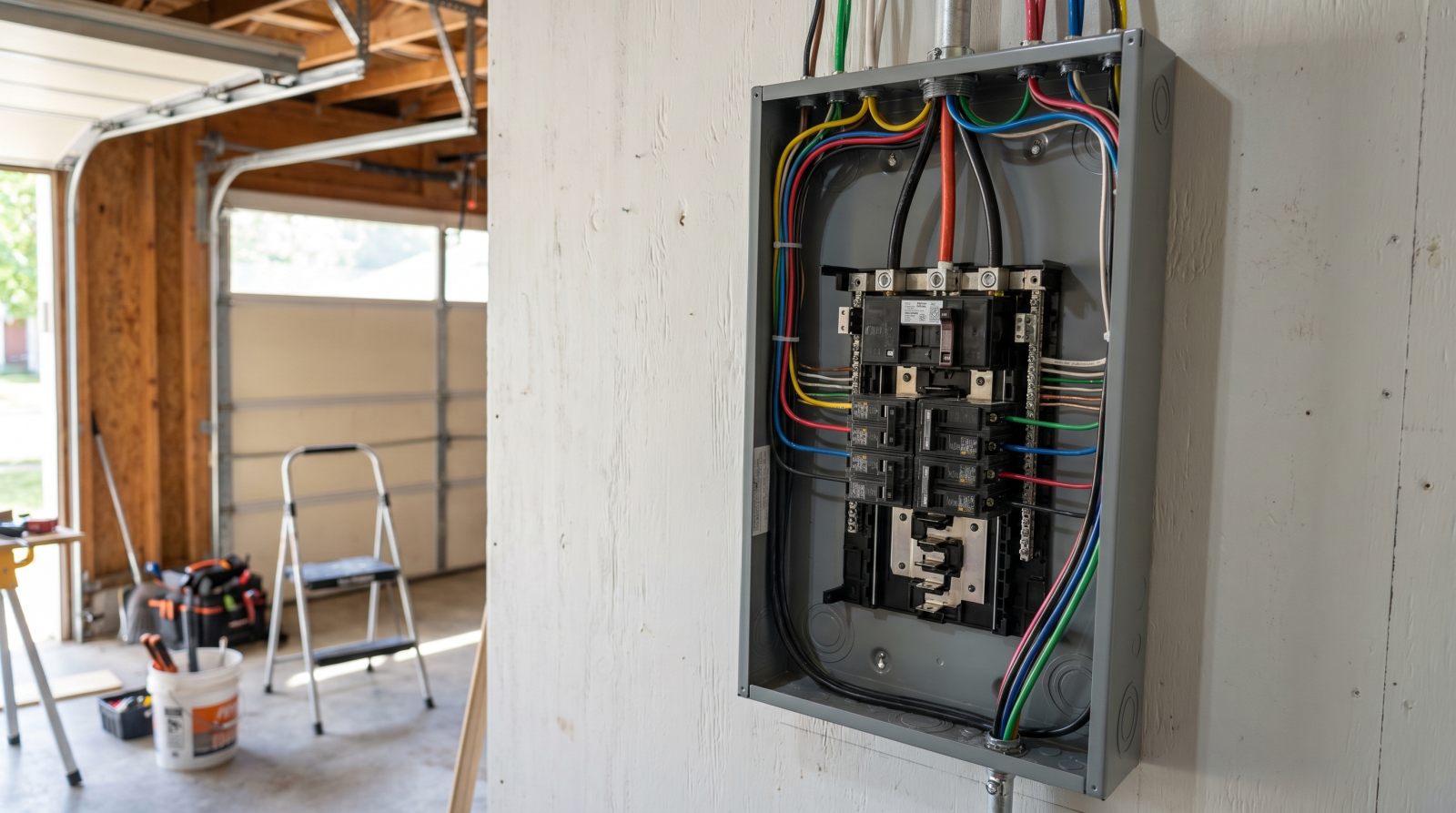 200A panel upgrade with the breaker panel door open