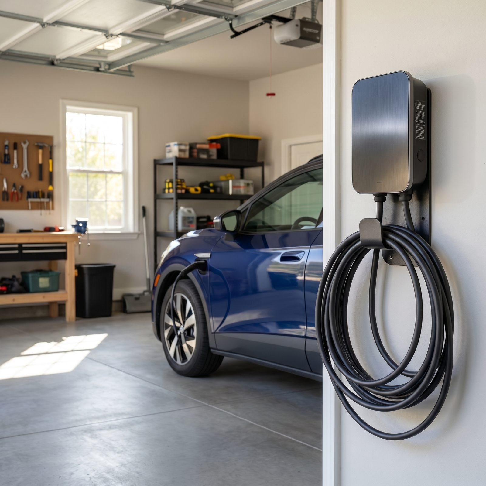 Level 2 home EV charger installed in a garage