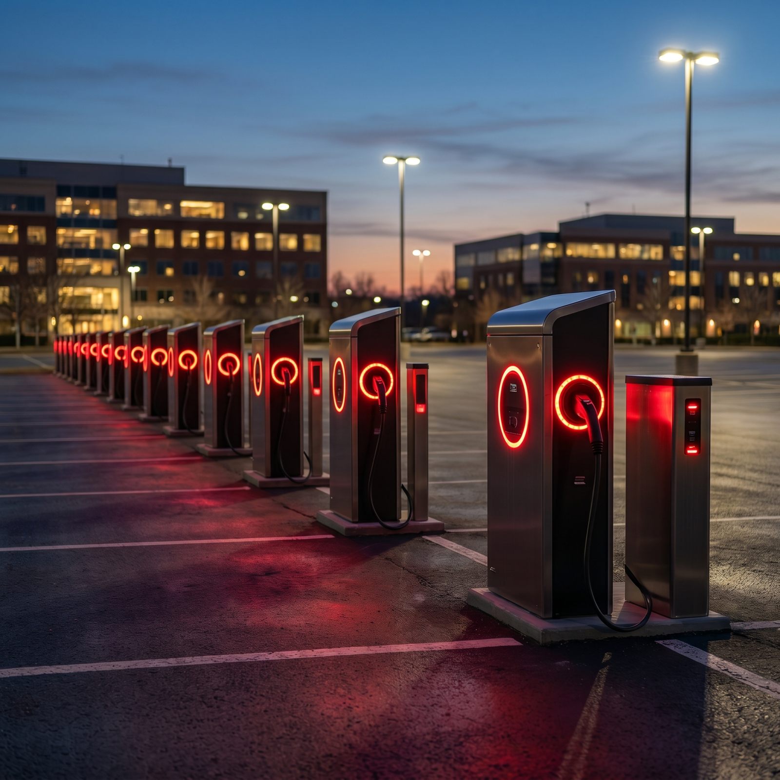 Row of commercial EV charging stations at night